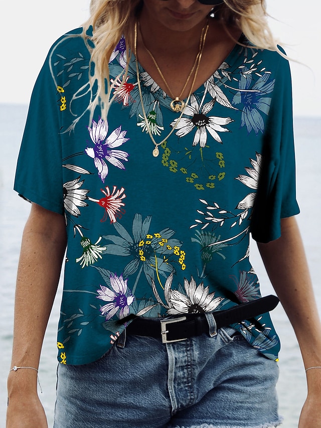 Womens Clothing Womens Tops | Womens Casual Floral T shirt Tee Flower Short Sleeve Print V Neck Vintage Tops Green S / 3D Print 