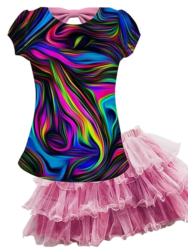 Baby & Kids Girls Clothing | Kids Girls T-shirt & Skirt Skirt Set Clothing Set 2 Pieces Short Sleeve Rainbow Gradient Ramp Mesh 