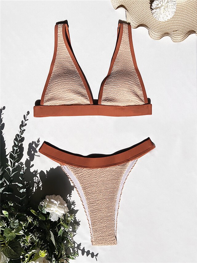 Womens Clothing Womens Swimwear | Womens Swimwear Bikini 2 Piece Normal Swimsuit Open Back Pure Color Beige V Wire Bathing Suits