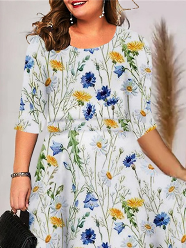 Womens Clothing Plus Size Collection | Womens Plus Size A Line Dress Floral Round Neck Half Sleeve Spring Summer Work Knee Lengt