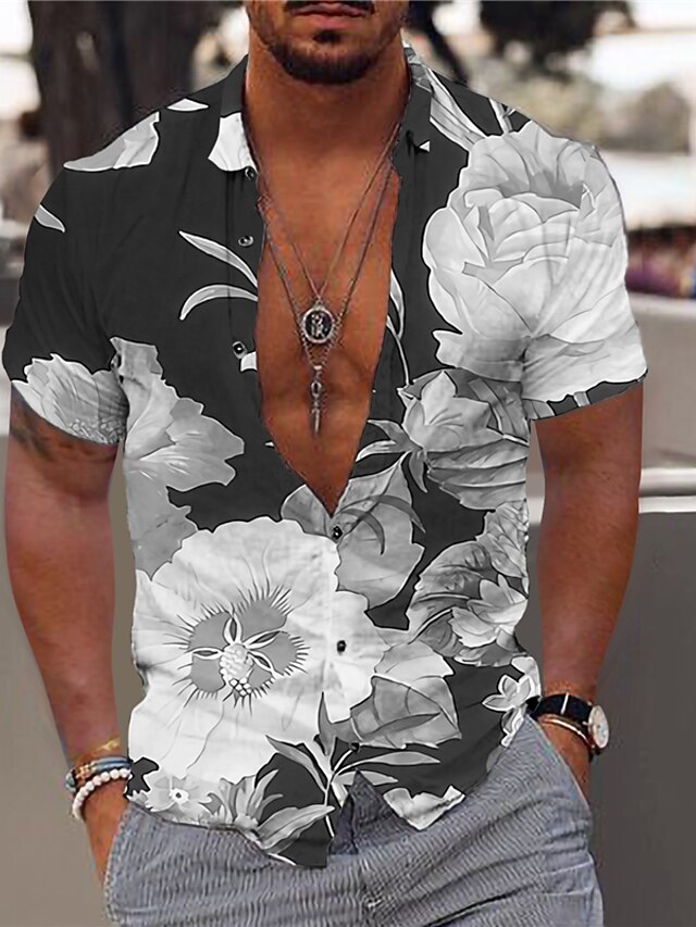  Men's Shirt Print Floral Turndown Street Casual Button-Down Print Short Sleeve Tops Designer Casual Fashion Breathable Black / Summer