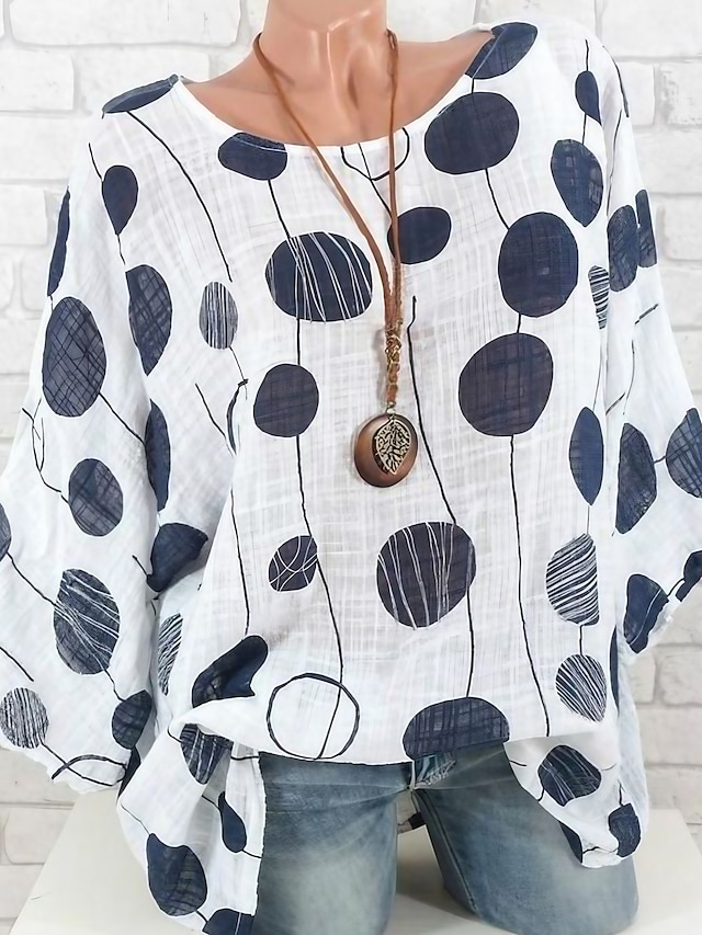  Women's Plus Size Blouse Cotton Polka Dot White Print Long Sleeve Daily Weekend Basic Casual Crew Neck Regular Fit Spring Fall