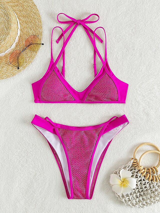 Womens Clothing Womens Swimwear | Womens Swimwear Bikini 2 Piece Normal Swimsuit Backless Mesh Pure Color Fuchsia Halter V Wire 