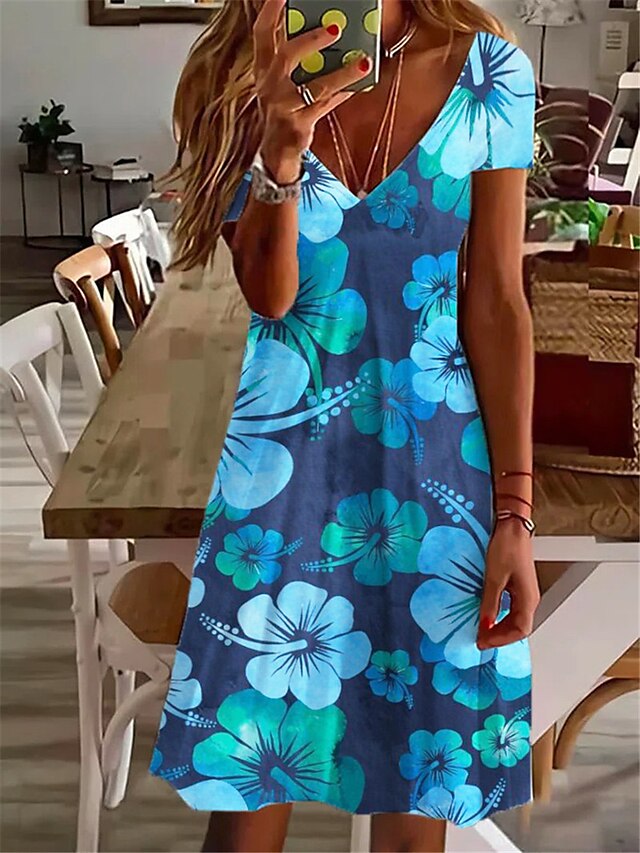 Womens Clothing Womens Dresses | Womens Shift Dress Short Mini Dress Blue Short Sleeve Floral Print Spring Summer V Neck Elegant