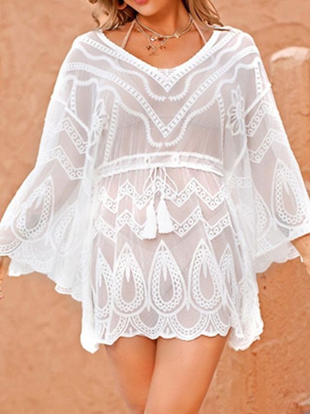 Womens Clothing Womens Swimwear | Womens Swimwear Cover Up Beach Dress Normal Swimsuit UV Protection Lace Pure Color White Scoop