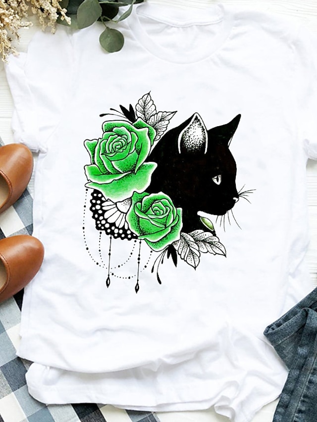 Womens Clothing Plus Size Collection | Womens Plus Size Tops T shirt Tee Floral Cat Print Short Sleeve Crewneck Streetwear Daily