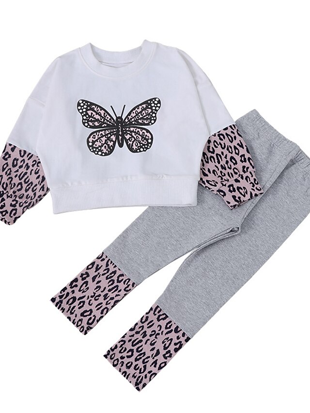 Baby & Kids Girls Clothing | Kids Girls Hoodie & Pants Clothing Set 2 Pieces Long Sleeve White Butterfly Leopard Print Street Ou