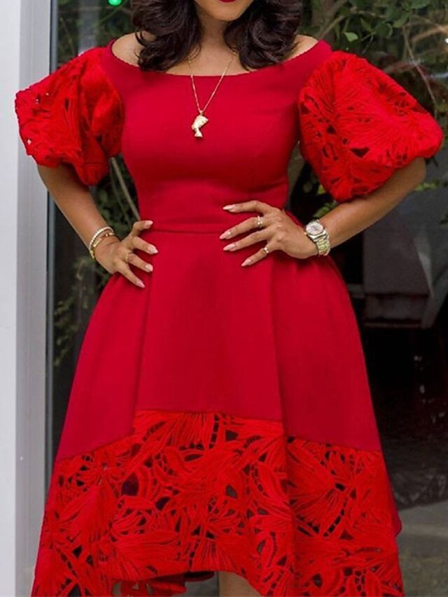 Womens Clothing Plus Size Collection | Womens Plus Size A Line Dress Solid Color Round Neck Lace Half Sleeve Fall Winter Prom Dr