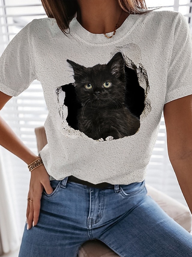 Womens Clothing Womens Tops | Womens Casual Weekend 3D Cat Painting T shirt Tee Cat 3D Short Sleeve Print Round Neck Basic Tops 