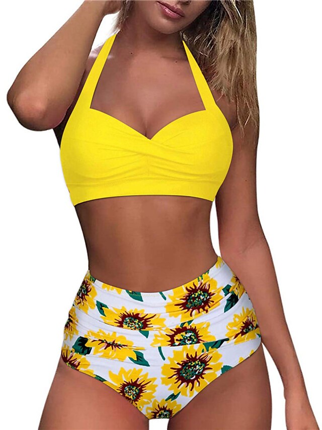 Womens Clothing Womens Swimwear | Womens Swimwear Bikini 2 Piece Normal Swimsuit Open Back Printing High Waisted Print Sunflower