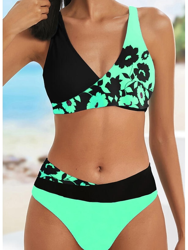 Womens Clothing Womens Swimwear | Womens Swimwear Bikini 2 Piece Normal Swimsuit High Waisted Color Block Floral Print Green Blu