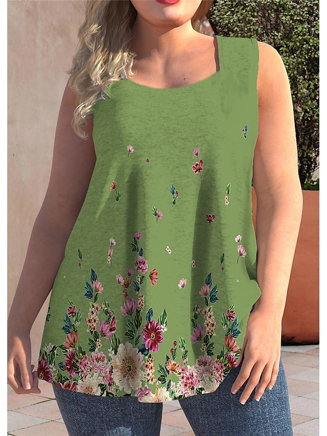 Womens Clothing Plus Size Collection | Womens Plus Size Tops Tank Top Floral Print Sleeveless Strap Streetwear Preppy Daily Goin