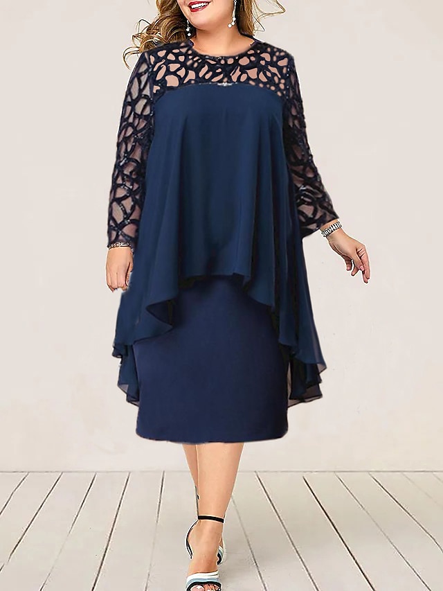 Womens Clothing Plus Size Collection | Womens Plus Size A Line Dress Color Block Round Neck Long Sleeve Spring Summer Casual Sex