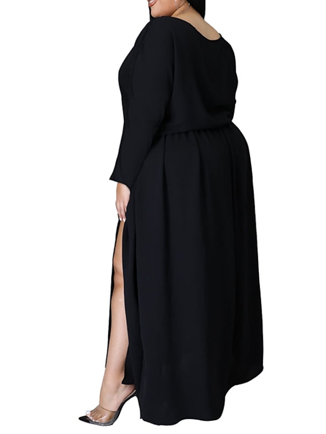 Womens Clothing Plus Size Collection | Womens Plus Size A Line Dress Solid Color Round Neck Long Sleeve Spring Summer Basic Casu