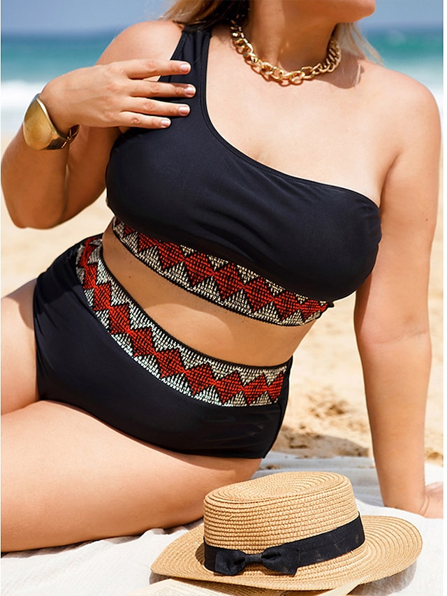 Womens Clothing Womens Swimwear | Womens Swimwear Bikini 2 Piece Plus Size Swimsuit Open Back High Waisted Geometic Black Tank T