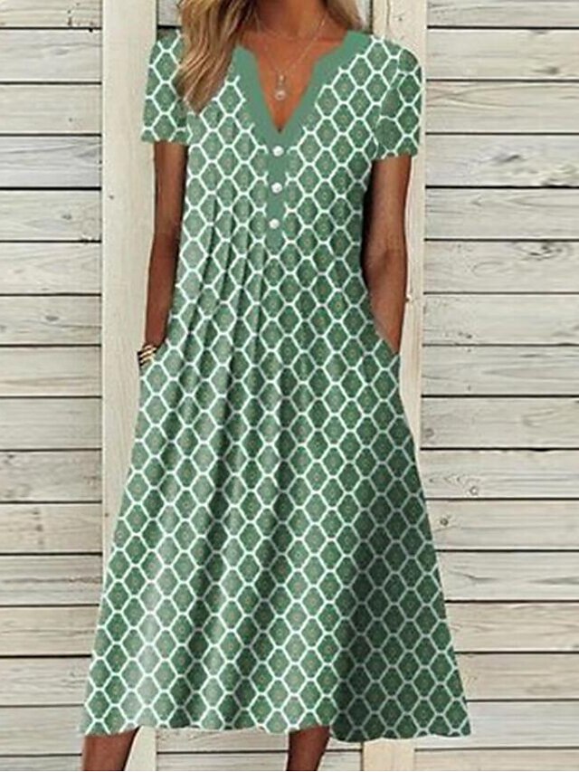 Womens Clothing Womens Dresses | Womens A Line Dress Knee Length Dress Green Short Sleeve Print Print Summer V Neck Stylish Part