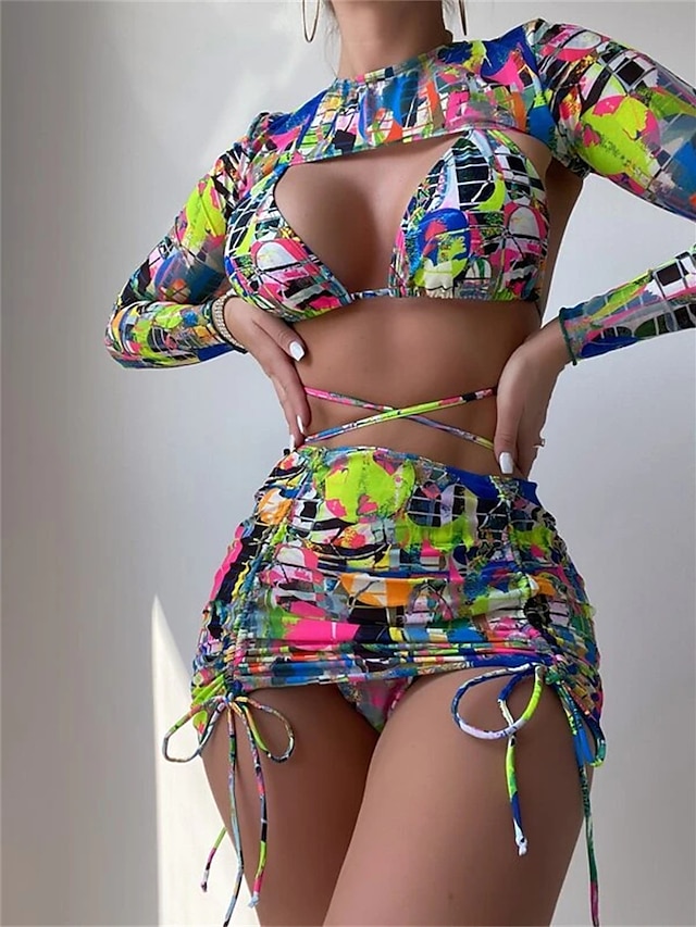 Womens Clothing Womens Swimwear | Womens Swimwear Bikini Four Piece Normal Swimsuit Backless Ruched Printing string Graphic Patt