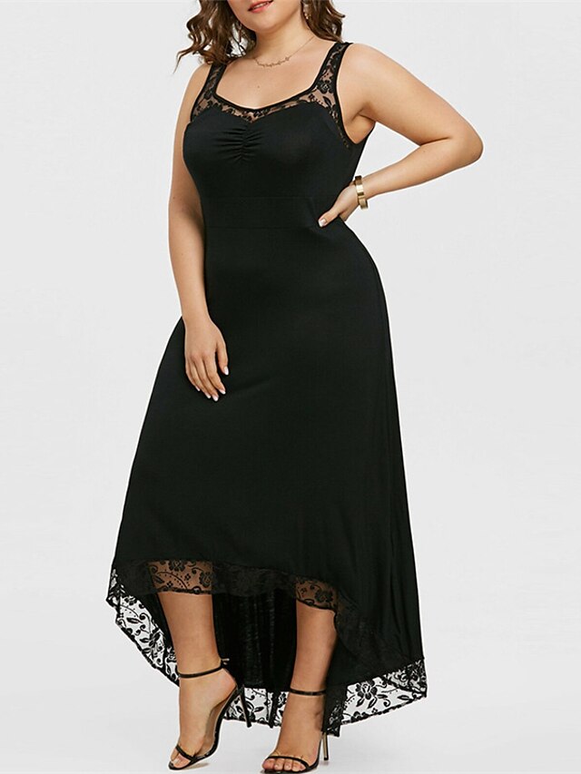 Womens Clothing Plus Size Collection | Womens Plus Size Strap Dress Solid Color V Neck Lace Sleeveless Spring Summer Sexy Prom D