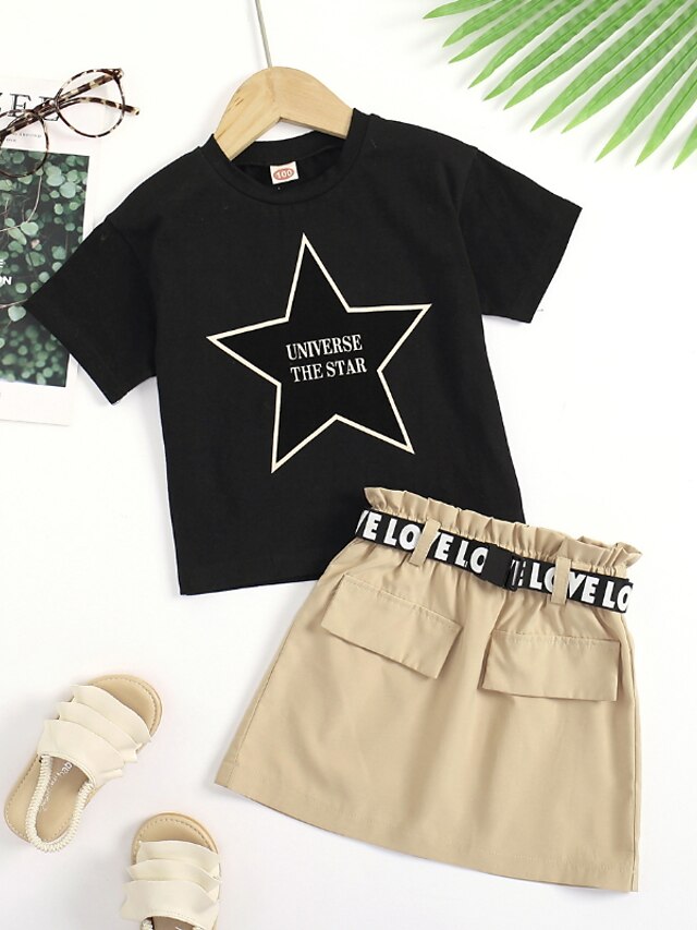 Baby & Kids Girls Clothing | Kids Girls T-shirt & Skirt Clothing Set 2 Pieces Short Sleeve Black Letter Ruched Print Street Outd