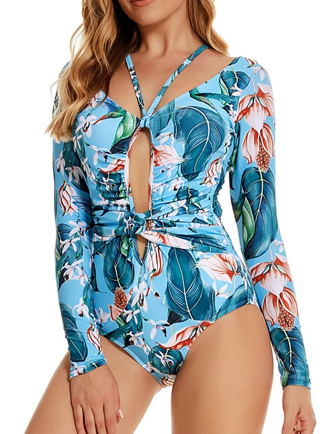 Womens Clothing Womens Swimwear | Womens Swimwear Rash Guard Diving Normal Swimsuit Open Back Printing High Waisted Floral Blue 