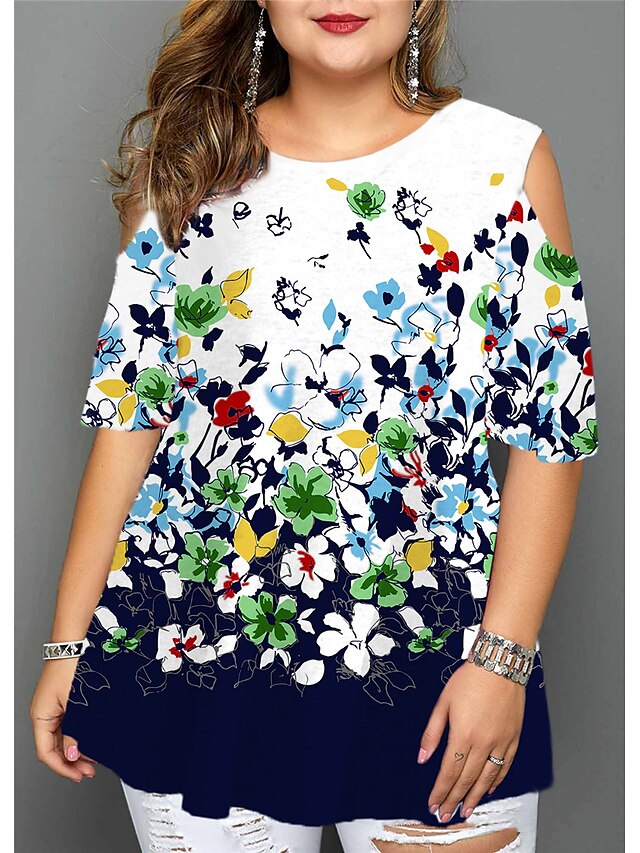 Womens Clothing Plus Size Collection | Womens Plus Size Tops Blouse Shirt Floral Cut Out Print Short Sleeve Crewneck Streetwear 