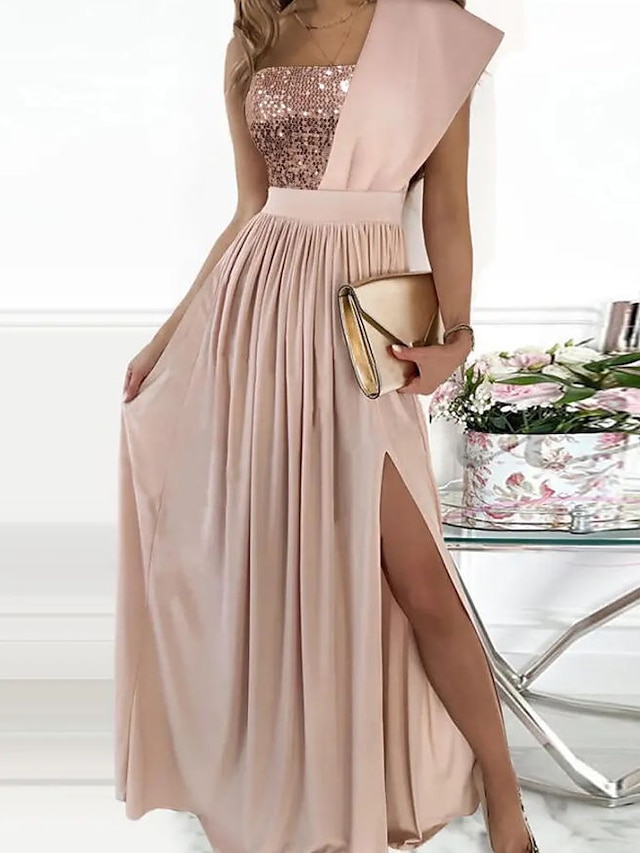  Women‘s A Line Dress Maxi long Dress Pink Sleeveless Solid Color Split Ruched Spring Summer Party One Shoulder Elegant Modern 2022 S M L XL 2XL 3XL