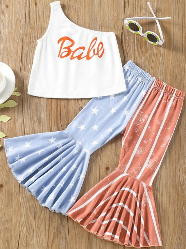 Baby & Kids Girls Clothing | Kids Girls Tank & Pants Clothing Set 2 Pieces Sleeveless White Stripe Letter Print Vacation Casual 