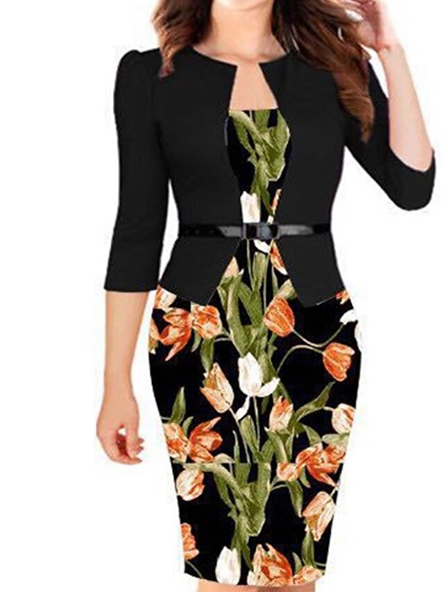 Womens Clothing Womens Dresses | Womens Bodycon Short Mini Dress Green Yellow Wine Dark Green Orange 3/4 Length Sleeve Floral Wi