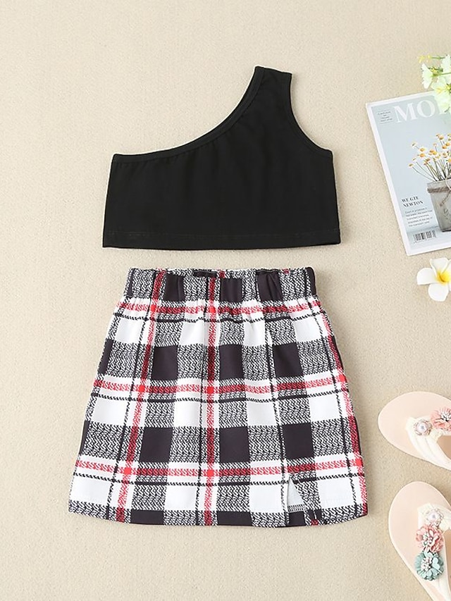 Baby & Kids Girls Clothing | Kids Girls Clothing Set 2 Pieces Sleeveless Black Pink Yellow Plaid Ruched Patchwork Street Outdoor