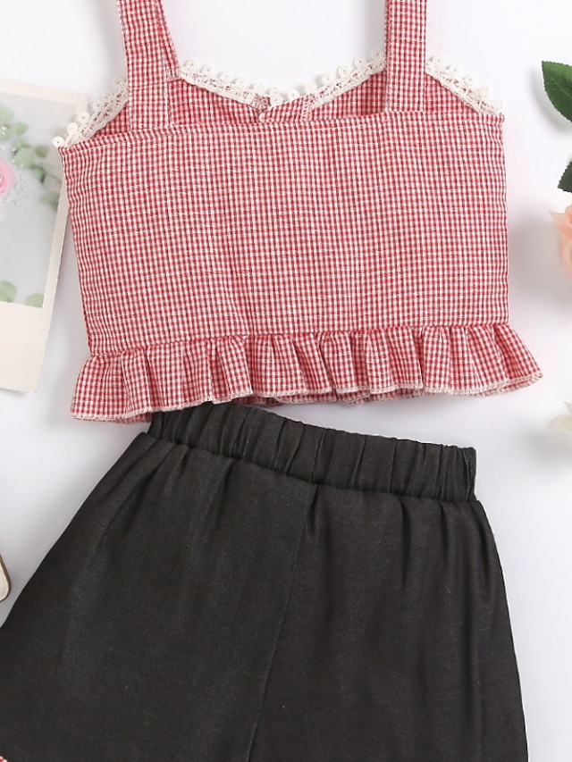 Baby & Kids Girls Clothing | Kids Girls Tank & SKirt Clothing Set 2 Pieces Sleeveless Pink Plaid Backless Street Outdoor Cute Sw