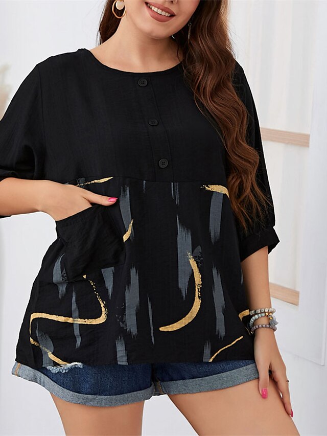 Womens Clothing Plus Size Collection | Womens Plus Size Tops Blouse Shirt Graphic Patterned Pocket Button Short Sleeve Crewneck 