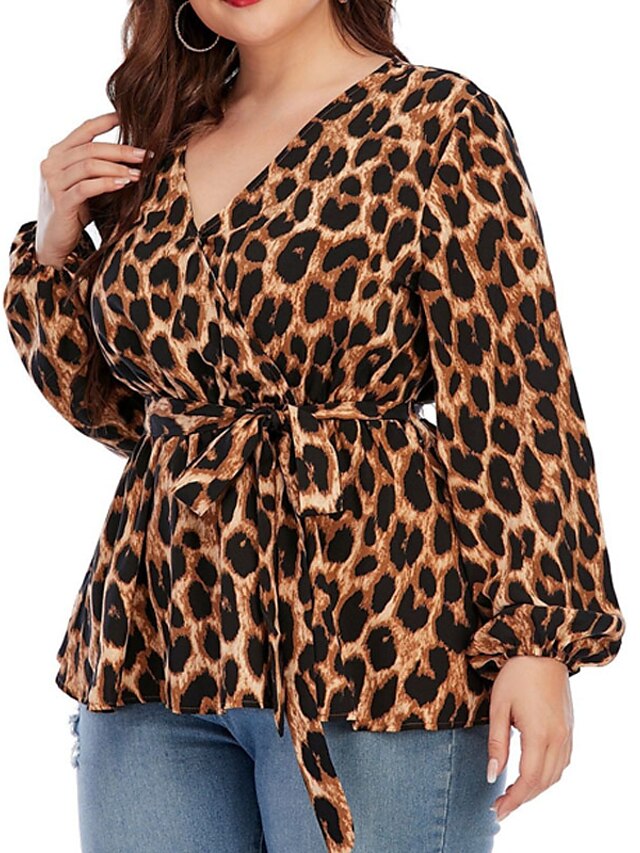 Womens Clothing Plus Size Collection | Womens Plus Size Tops Blouse Shirt Leopard Lace up Print Long Sleeve V Neck Sexy Streetwe