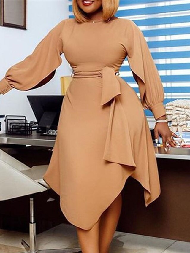 Womens Clothing Plus Size Collection | Womens Plus Size A Line Dress Solid Color Round Neck Long Sleeve Fall Winter Work Midi Dr