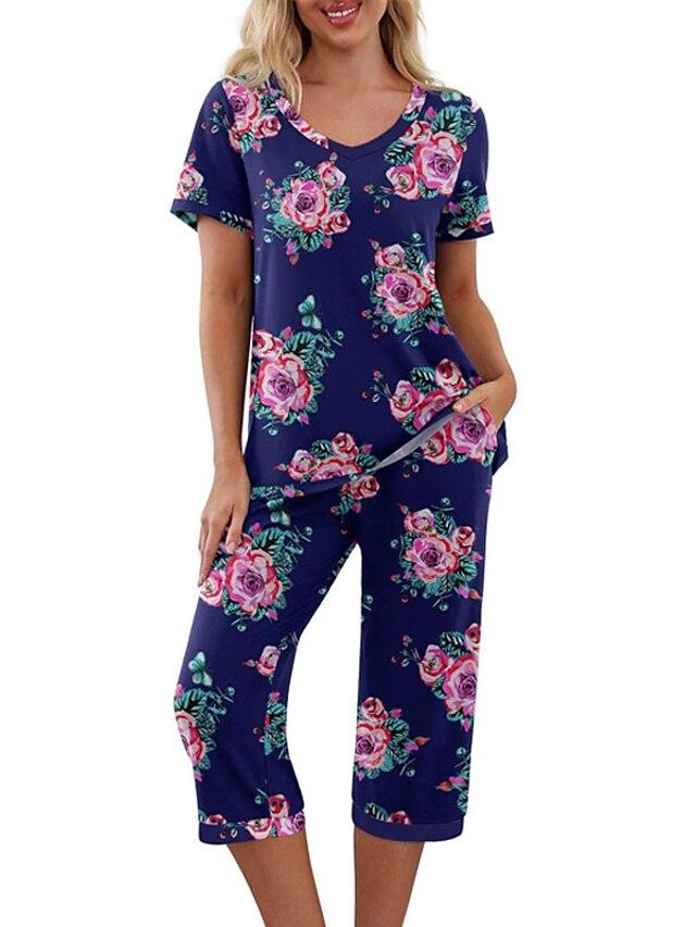 Womens Clothing Womens Sleep & Lounge | Womens Loungewear Sets Flower Comfort Sweet Home Polyester V Wire Short Sleeve Pant Pock