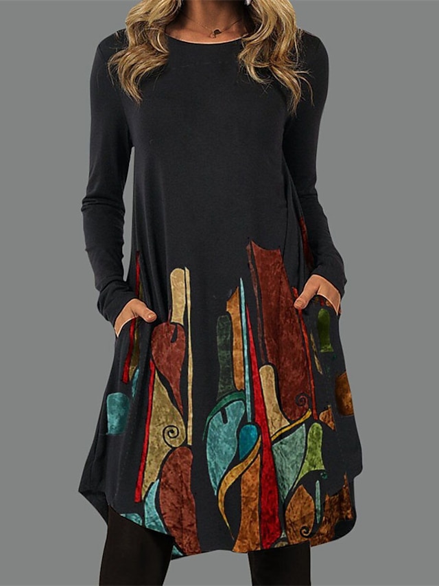  Femme Robe casual Robe t-shirt Floral Géométrique Poche Imprimer Col Ras du Cou Mini robe basique du quotidien Vacances manche longue Printemps Automne