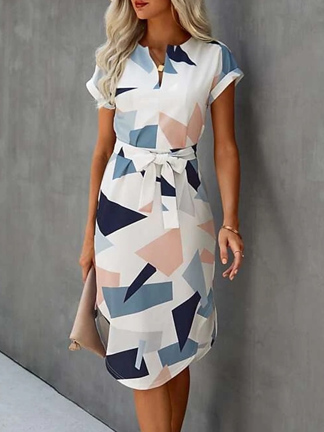 Womens Clothing Womens Dresses | Womens Sheath Dress Knee Length Dress White Short Sleeve Geometric Split Patchwork With Belt Su