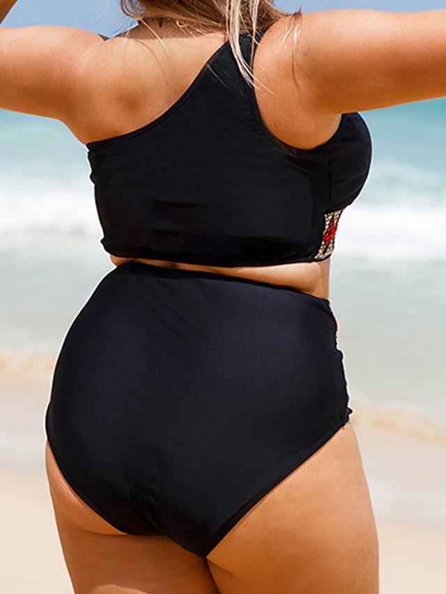 Womens Clothing Womens Swimwear | Womens Swimwear Bikini 2 Piece Plus Size Swimsuit Open Back High Waisted Geometic Black Tank T