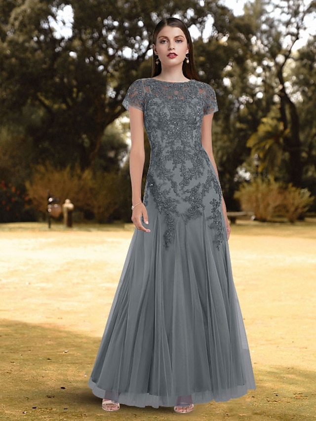  A-Line Evening Dresses Elegant Dress Wedding Guest Floor Length Short Sleeve Jewel Neck Lace with Pleats Pure Color 2022 / Formal Evening