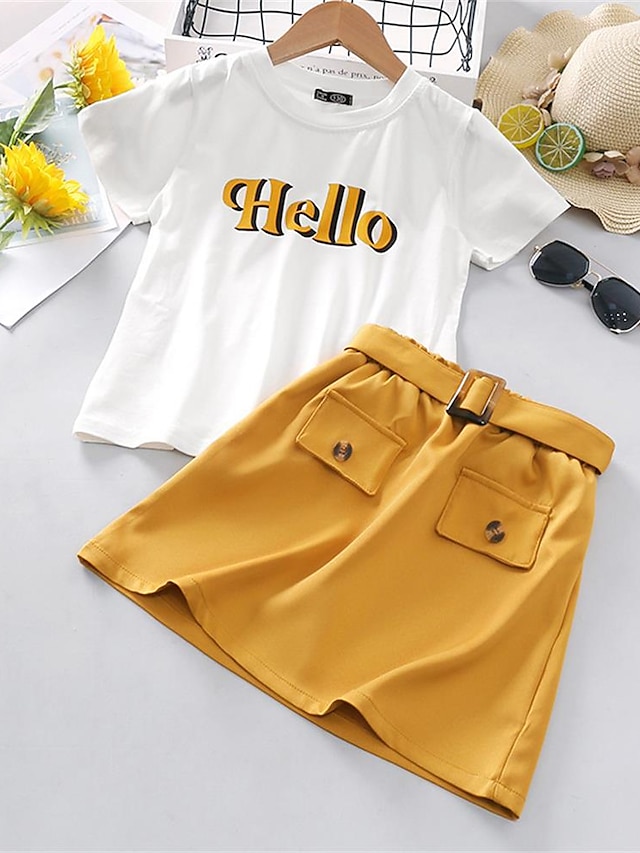 Baby & Kids Girls Clothing | Toddler Girls T-shirt & Skirt 2 Pieces Short Sleeve Yellow Letter Print Casual Cute Short 5-12 Year