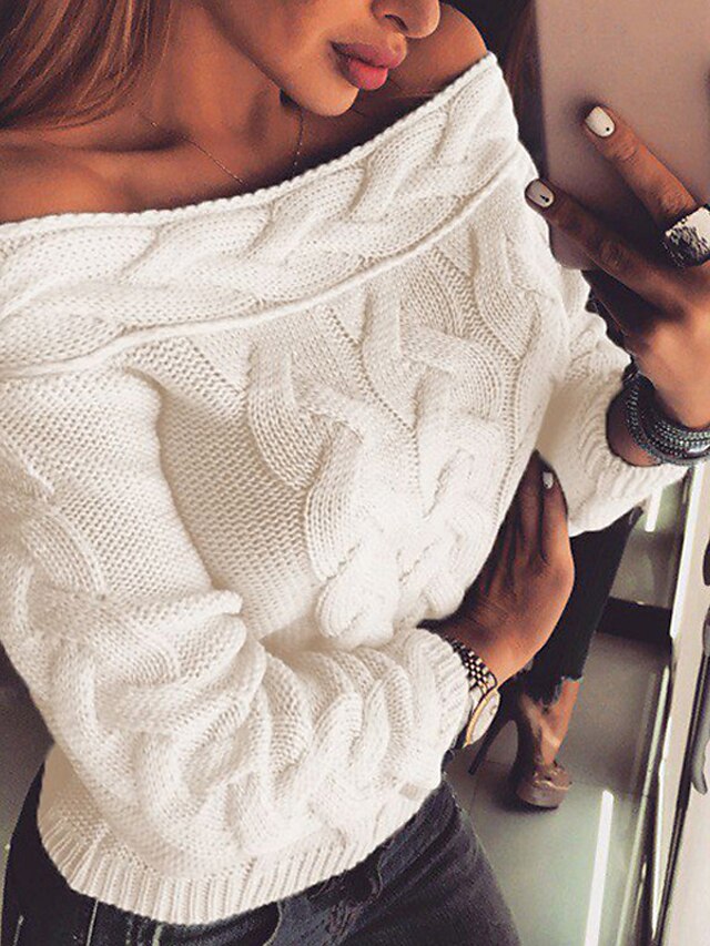 Womens Clothing Sweaters & Cardigans | Womens Pullover Sweater Jumper cable crochet Knit Knitted Pure Color Off Shoulder Stylish