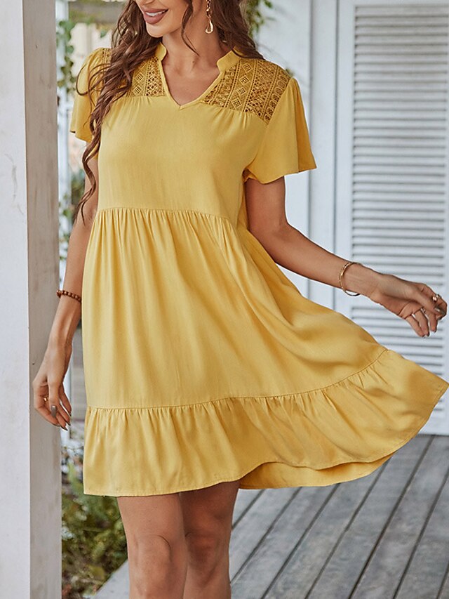 Womens Clothing Womens Dresses | Womens Shift Dress Short Mini Dress Yellow Short Sleeve Pure Color Lace Spring Summer V Neck El