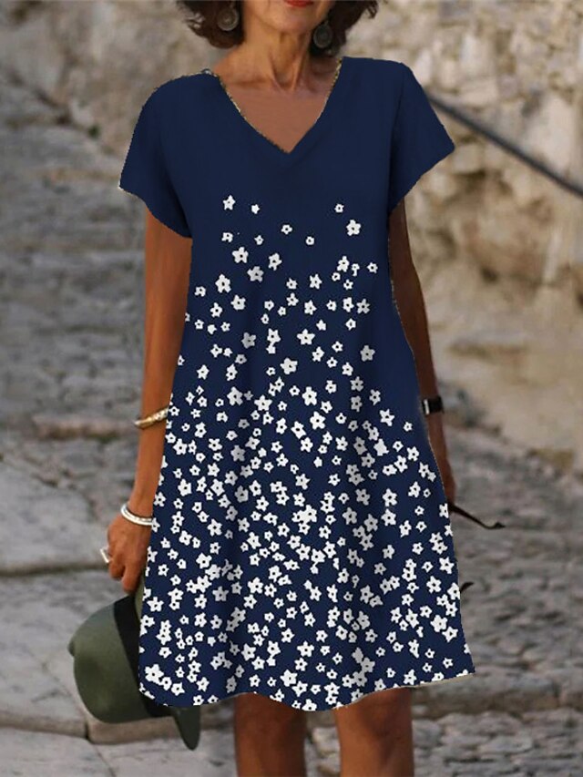 Womens Clothing Womens Dresses | Womens Shift Dress Knee Length Dress Navy Blue Short Sleeve Floral Print Spring Summer V Neck C