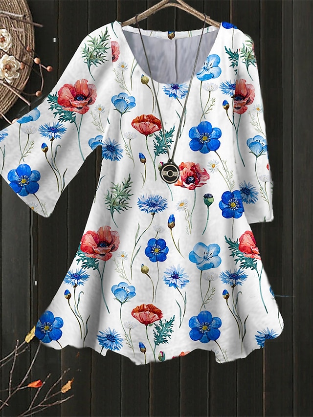 Womens Clothing Plus Size Collection | Womens Plus Size Tops Blouse Shirt Floral Leaf Print 3/4 Length Sleeve Crewneck Streetwea