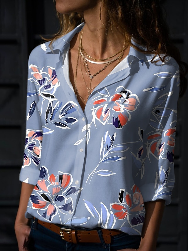  Damen Bluse Hemd Grün Blau Purpur Blumen Taste Bedruckt Langarm Festtage Wochenende Strassenmode Casual Hemdkragen Standard Blume S / 3D-Druck