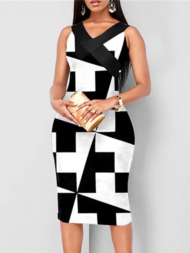 Womens Clothing Womens Dresses | Womens Bodycon Knee Length Dress Black Wine Sleeveless Color Block Geometric Print Spring Summe