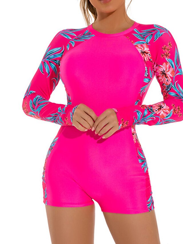 Womens Clothing Womens Swimwear | Womens Swimwear Rash Guard Diving Normal Swimsuit Open Back Printing High Waisted Leaves Rosy 