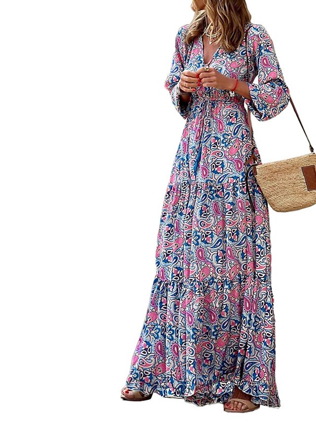 Womens Clothing Womens Dresses | Womens Swing Dress Maxi long Dress Green Pink Long Sleeve Floral Ruched Print Spring Summer V N