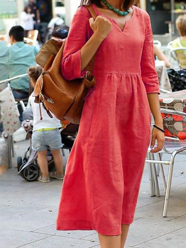  Women's Summer Cotton Linen Maxi Dress Casual Split Neck Ruched Half Sleeve