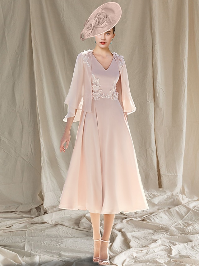  Two Piece A-Line Mother of the Bride Dress Wedding Guest Church Elegant V Neck Tea Length Chiffon Sleeveless Wrap Included with Appliques 2024