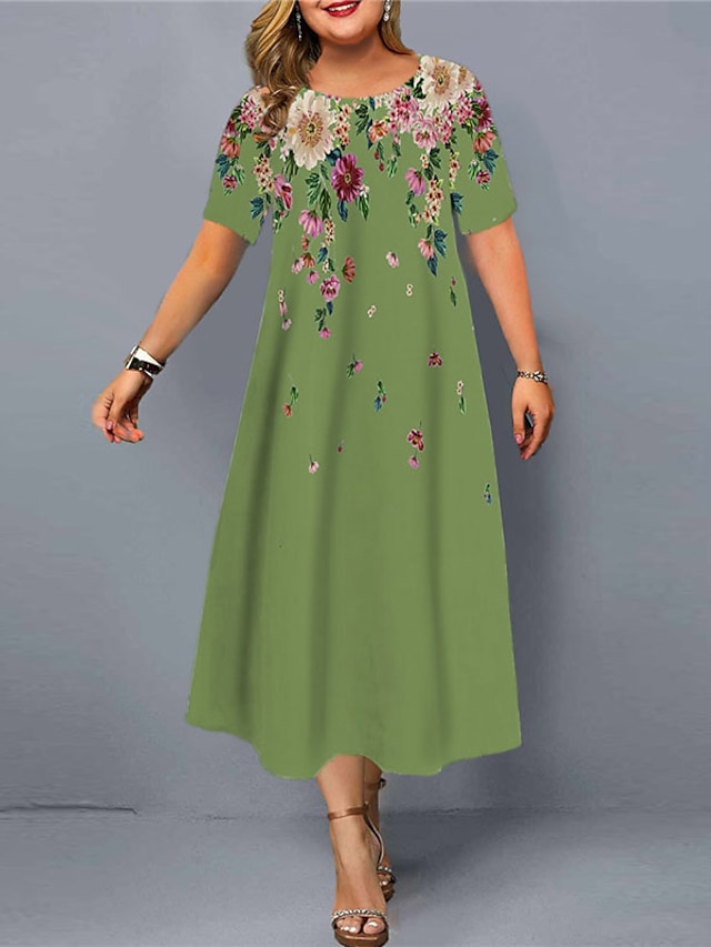 Womens Clothing Plus Size Collection | Womens Plus Size Shift Dress Floral Round Neck Short Sleeve Spring Summer Casual Maxi lon